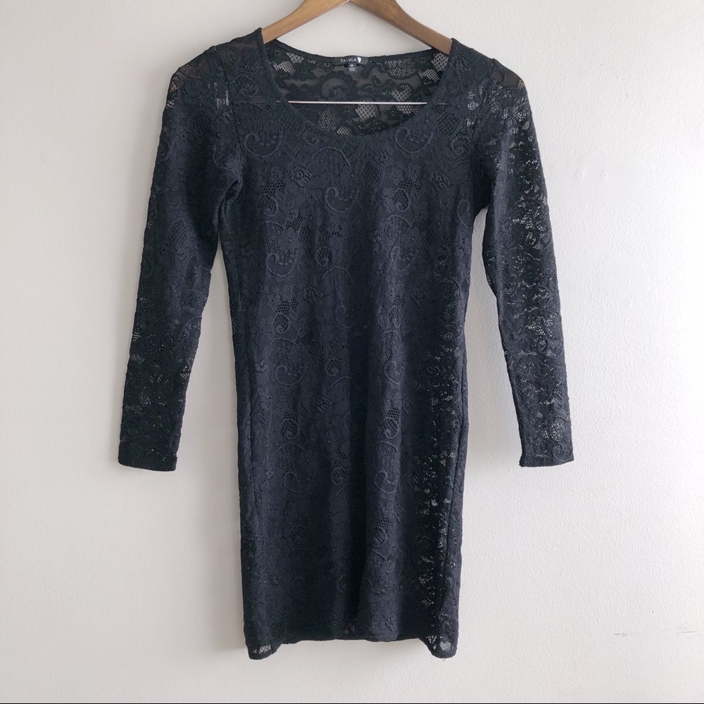 Talula Aritzia Black Floral Lace Long Sleeve Scoop Neck Mini Dress M - Picture 3 of 13